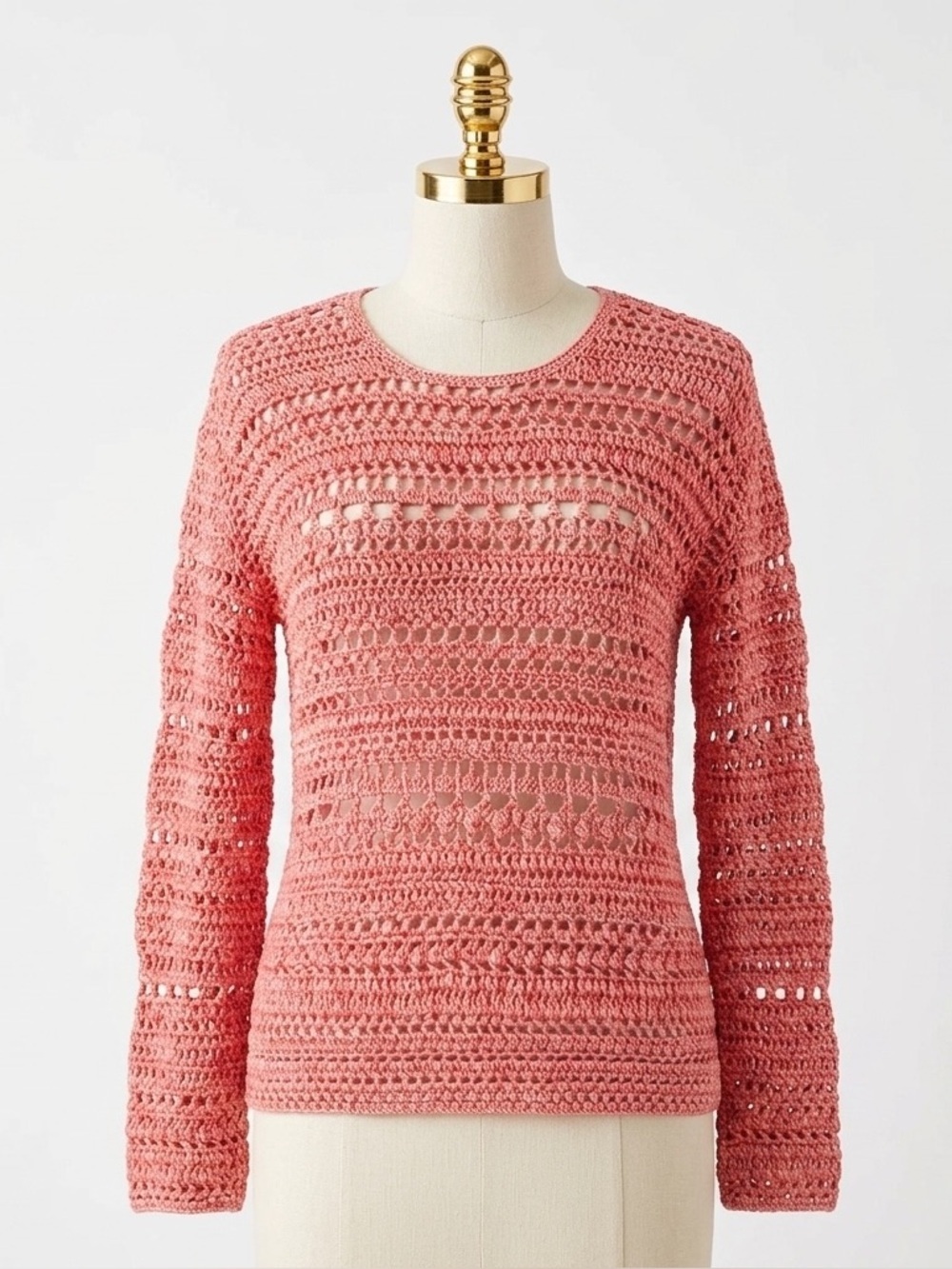 Theory Crochet Knit Sweater Coral Pink Open Weave Boho Layering Pullover Size L
